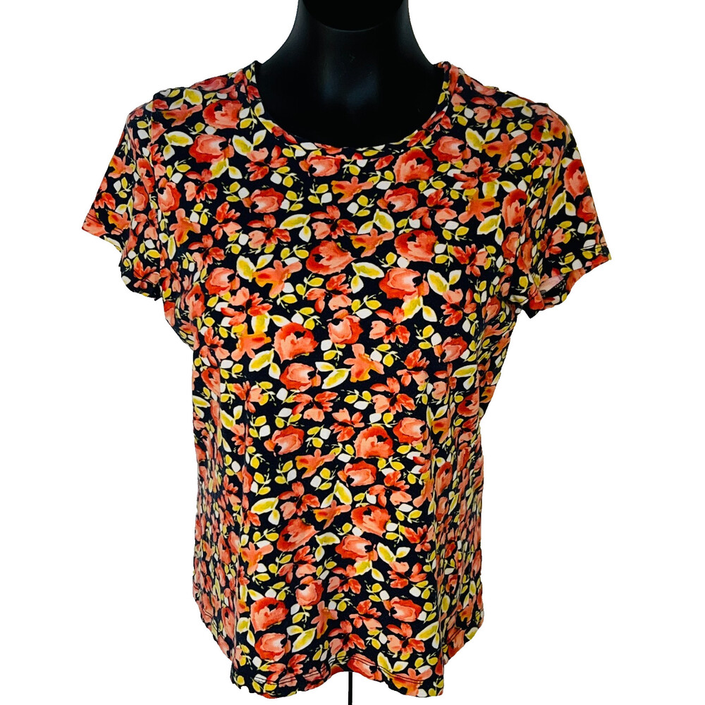 Jones NY Tee Shirt Womens PL L Navy Peach Floral Stretch Crew Neck Short Sleeve